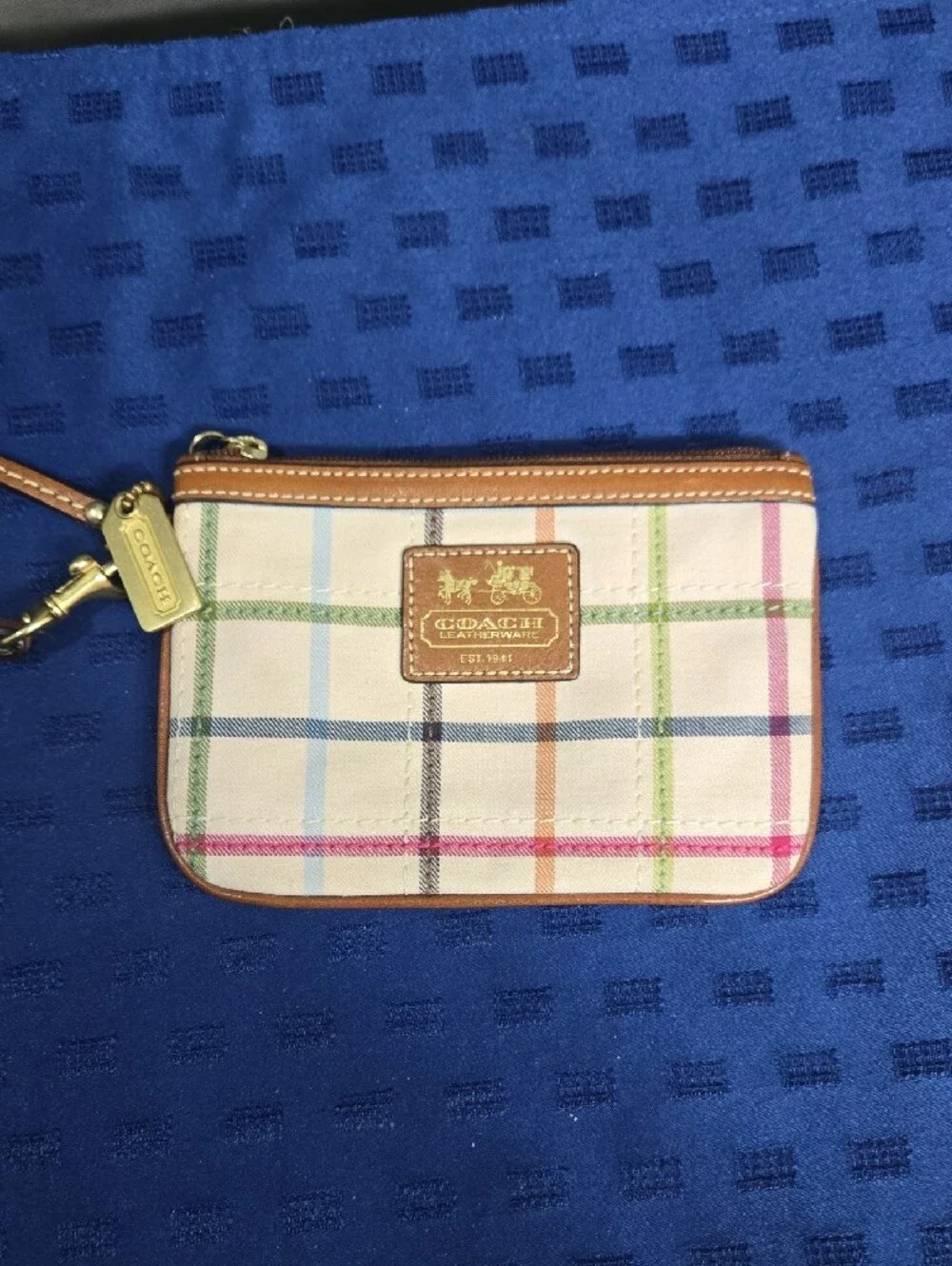 Coach Tattersall Canvas Wristlet with Tan Leather Trim